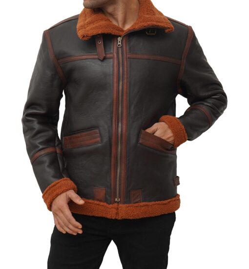 Men’s Slim-Fit Shearling Dark Brown Bomber Leather Jacket – Luminous ...