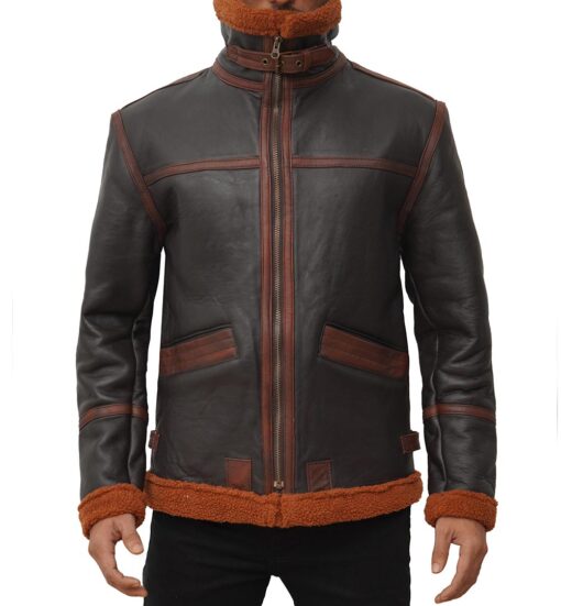 Men’s Slim-Fit Shearling Dark Brown Bomber Leather Jacket – Luminous ...