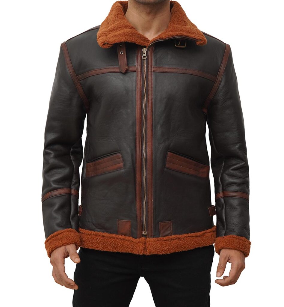 Men’s Slim-Fit Shearling Dark Brown Bomber Leather Jacket – Luminous ...